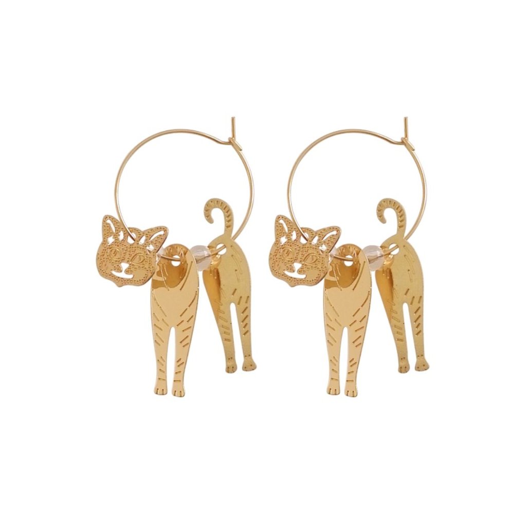 Cat Boho Engraved Kitty Hoops Earrings - Picture 10 of 12
